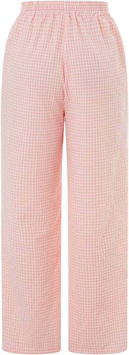 Women's Plaid Pajama Pants Y2K Gingham Wide Leg Lounge Pants High Waist Drawstring Pjs Trousers with Pockets