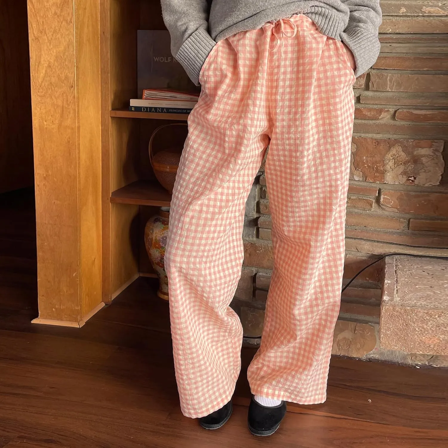 Women's Plaid Pajama Pants Y2K Gingham Wide Leg Lounge Pants High Waist Drawstring Pjs Trousers with Pockets