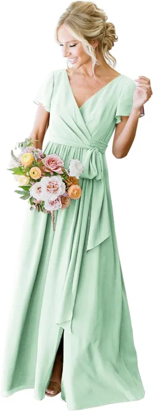 Women's Plus Size Bridesmaid Dresses with Sleeves Mint Green Long Chiffon Flowy Formal Gowns Split Evening Dresses 16W