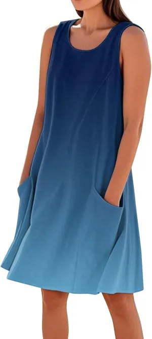 Womens Plus Size Cotton Tank Dress Sleeveless Scoop Neck Printed Midi Sundress with Pocket 2025 Summer Loose Resort Wear