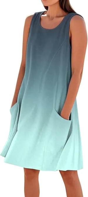 Womens Plus Size Cotton Tank Dress Sleeveless Scoop Neck Printed Midi Sundress with Pocket 2025 Summer Loose Resort Wear