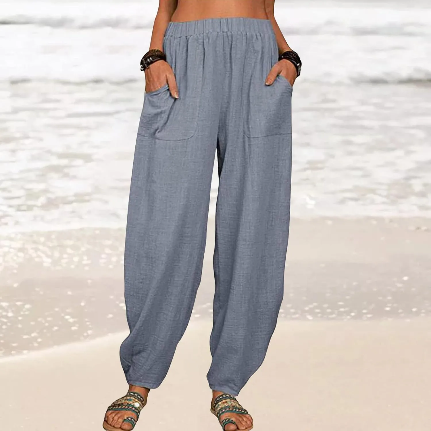 Womens Plus Size Linen Pants Casual High Waist Wide Leg Trousers Summer Trendy Loose Fit Harem Palazzo with Pocket