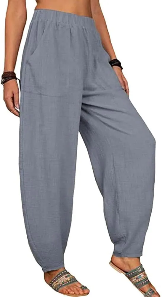 Womens Plus Size Linen Pants Casual High Waist Wide Leg Trousers Summer Trendy Loose Fit Harem Palazzo with Pocket