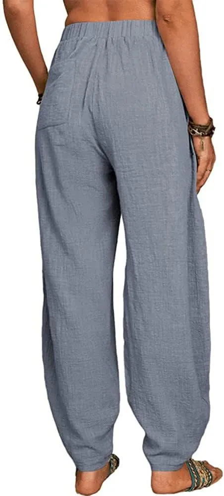 Womens Plus Size Linen Pants Casual High Waist Wide Leg Trousers Summer Trendy Loose Fit Harem Palazzo with Pocket