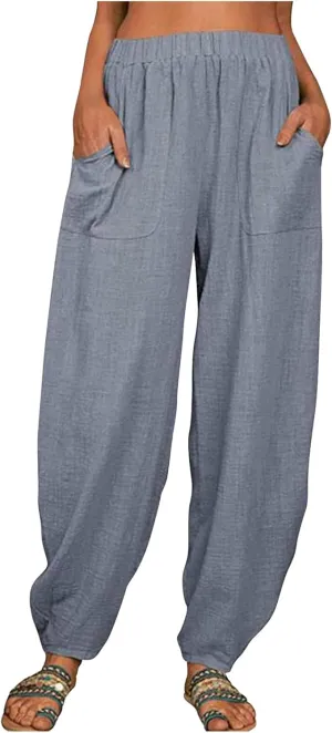 Womens Plus Size Linen Pants Casual High Waist Wide Leg Trousers Summer Trendy Loose Fit Harem Palazzo with Pocket