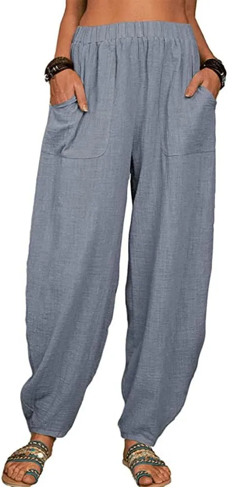 Womens Plus Size Linen Pants Casual High Waist Wide Leg Trousers Summer Trendy Loose Fit Harem Palazzo with Pocket