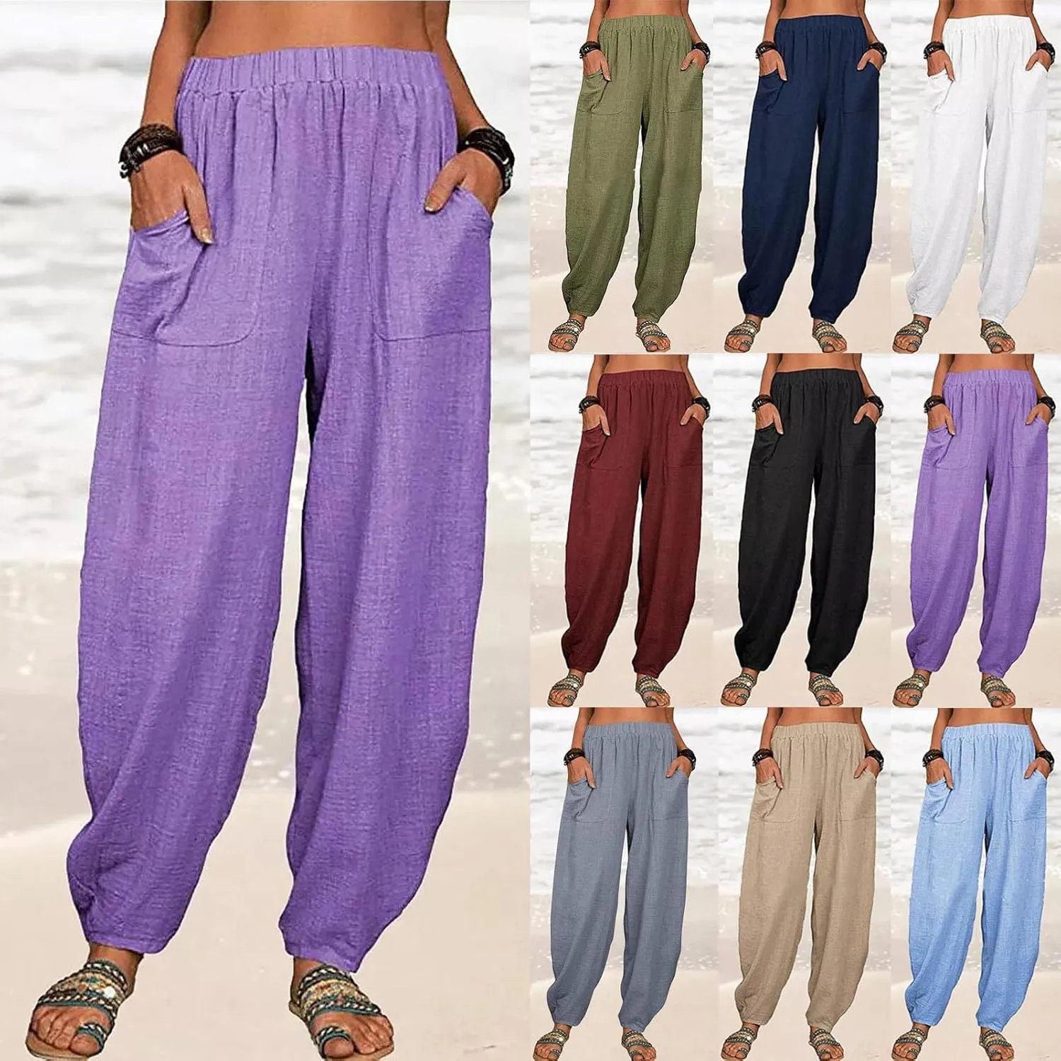 Womens Plus Size Linen Pants Casual High Waist Wide Leg Trousers Summer Trendy Loose Fit Harem Palazzo with Pocket