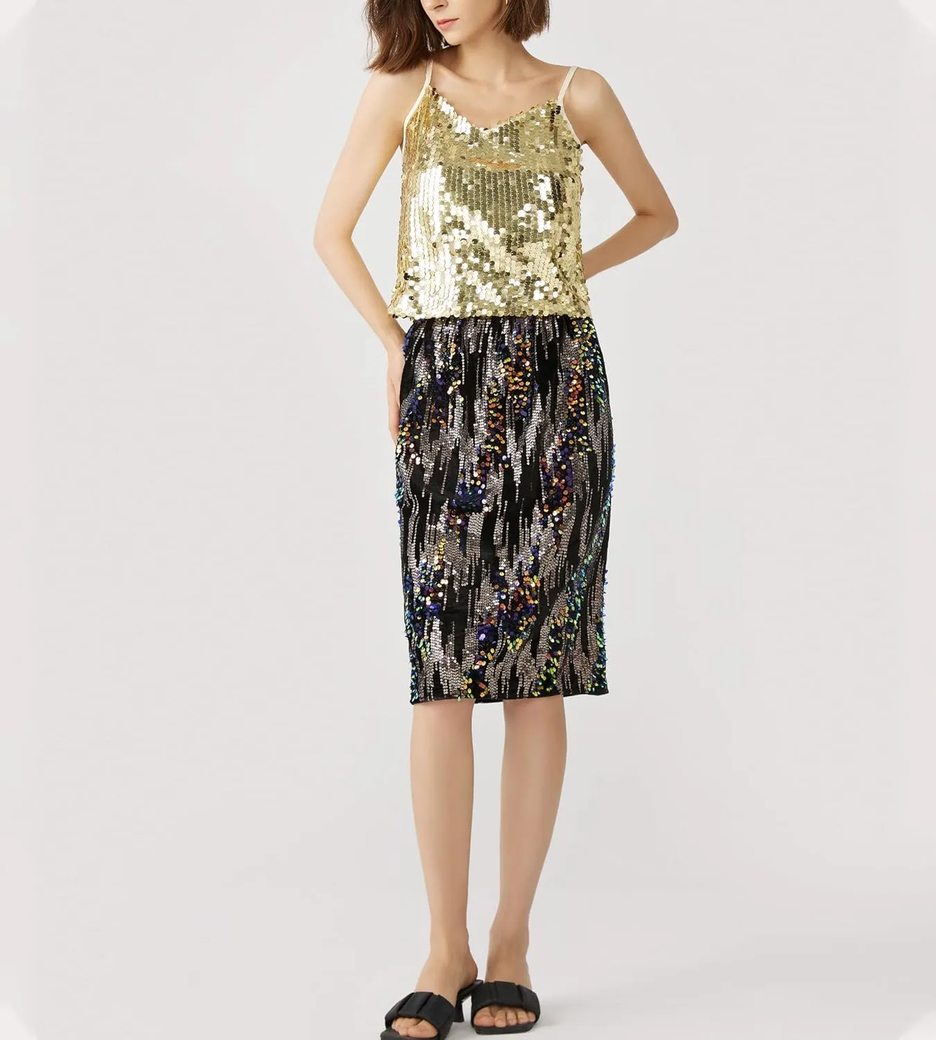 Womens Sequin Velvet Skirt Elastic High Waist Sparkle Split Hem Night Out Party Maxi Skirt