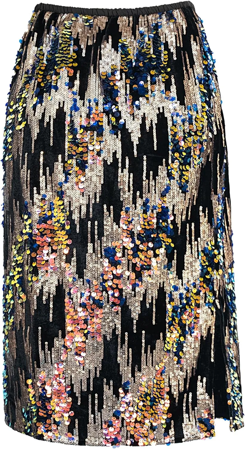 Womens Sequin Velvet Skirt Elastic High Waist Sparkle Split Hem Night Out Party Maxi Skirt
