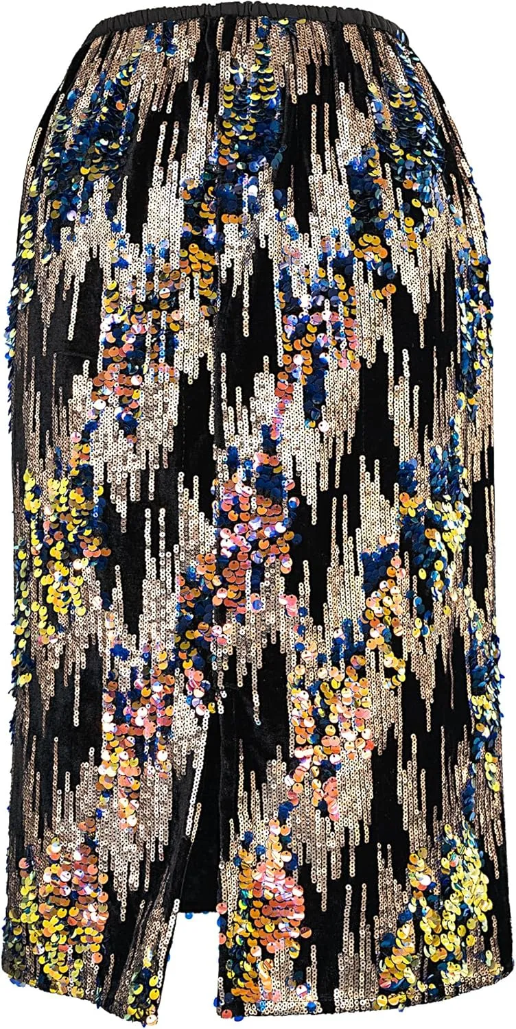 Womens Sequin Velvet Skirt Elastic High Waist Sparkle Split Hem Night Out Party Maxi Skirt
