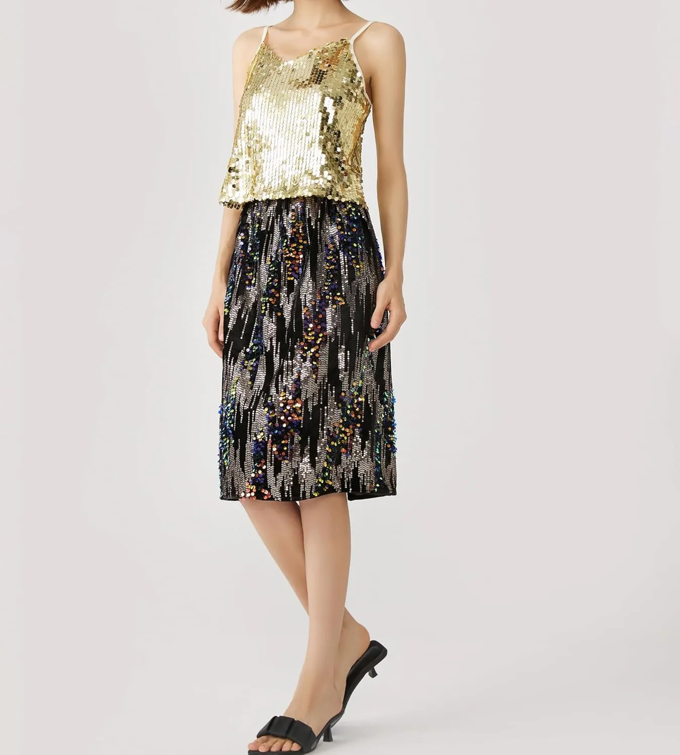 Womens Sequin Velvet Skirt Elastic High Waist Sparkle Split Hem Night Out Party Maxi Skirt