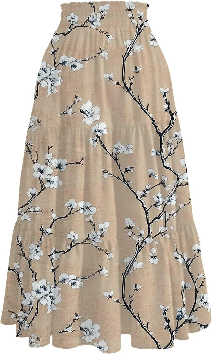 Women's Skirt 's 2025 Bohemian Ditzy Floral Printed Stretch Waist Midi Legth Skirt with Pockets, S-2XL