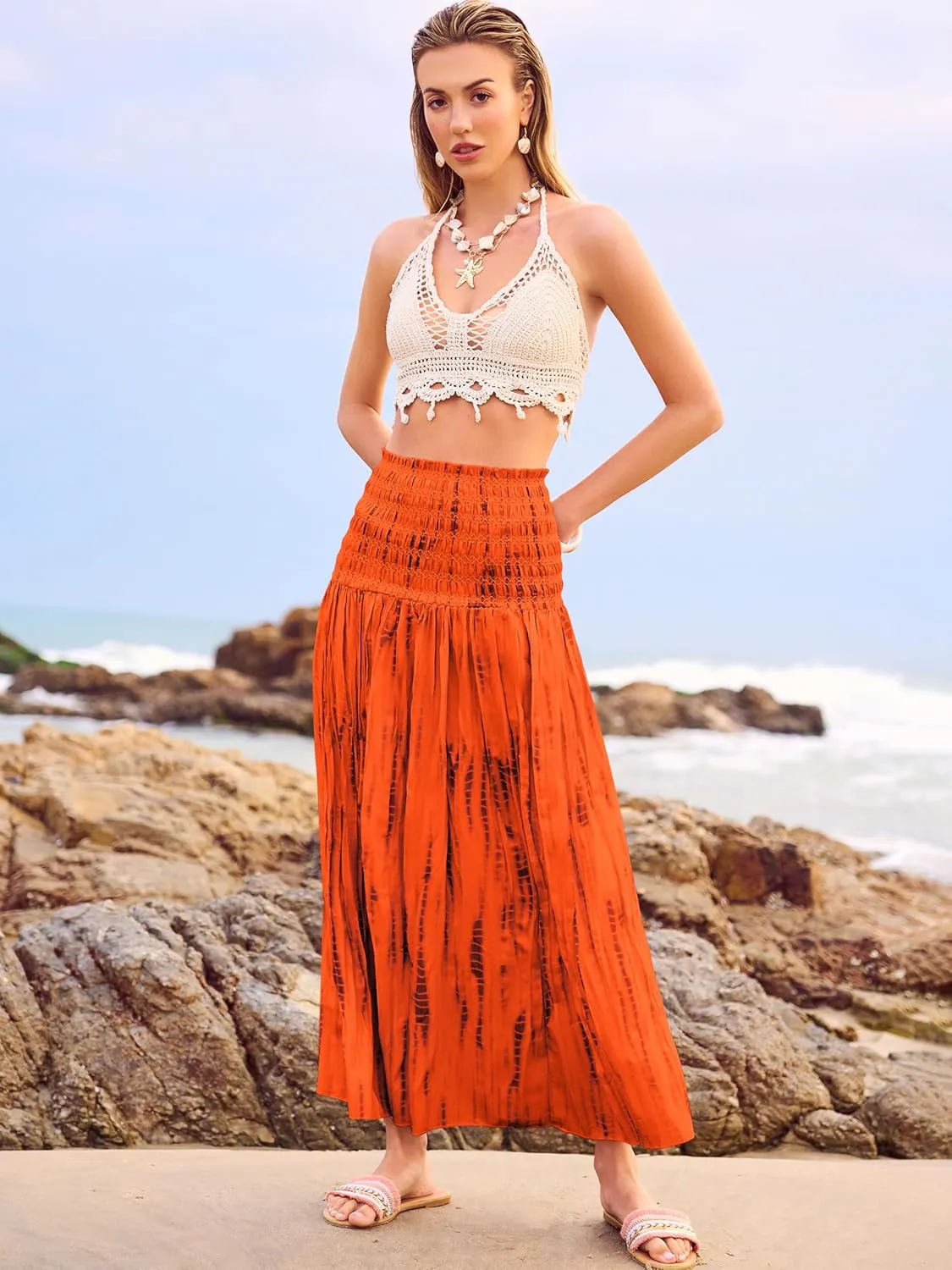 Women's Smocked Floral Maxi Skirts 2025 Summer Tube Dresses Flowy Boho Long A line Pleated Beach Skirt