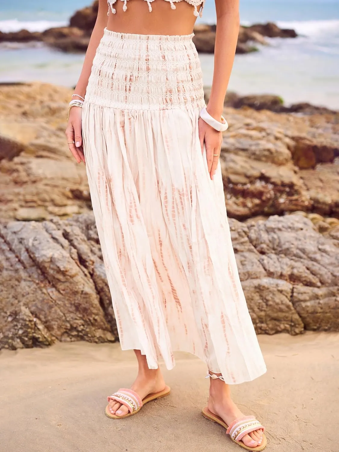 Women's Smocked Floral Maxi Skirts 2025 Summer Tube Dresses Flowy Boho Long A line Pleated Beach Skirt