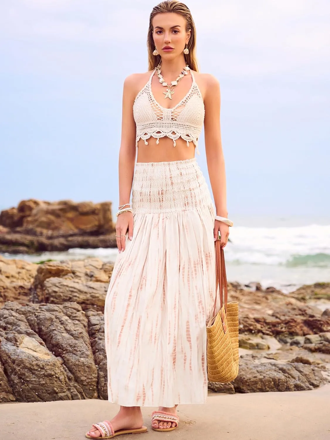 Women's Smocked Floral Maxi Skirts 2025 Summer Tube Dresses Flowy Boho Long A line Pleated Beach Skirt