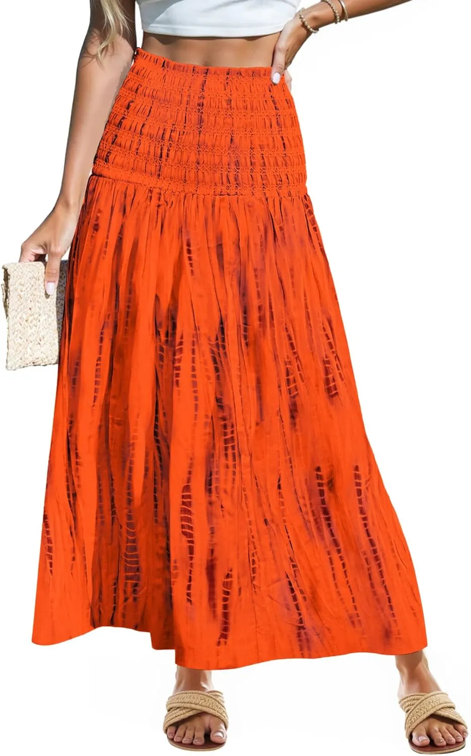 Women's Smocked Floral Maxi Skirts 2025 Summer Tube Dresses Flowy Boho Long A line Pleated Beach Skirt