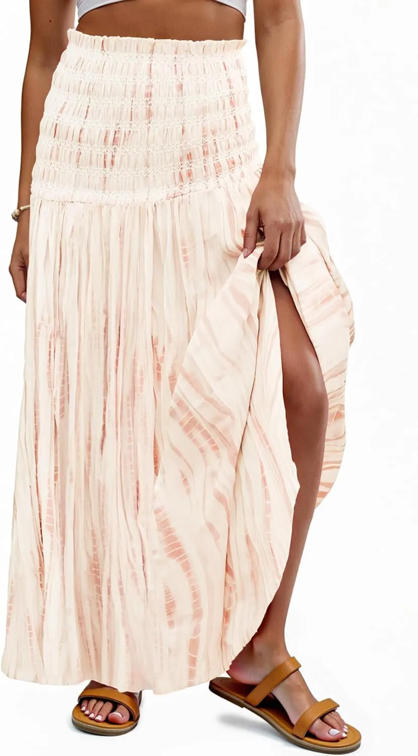 Women's Smocked Floral Maxi Skirts 2025 Summer Tube Dresses Flowy Boho Long A line Pleated Beach Skirt