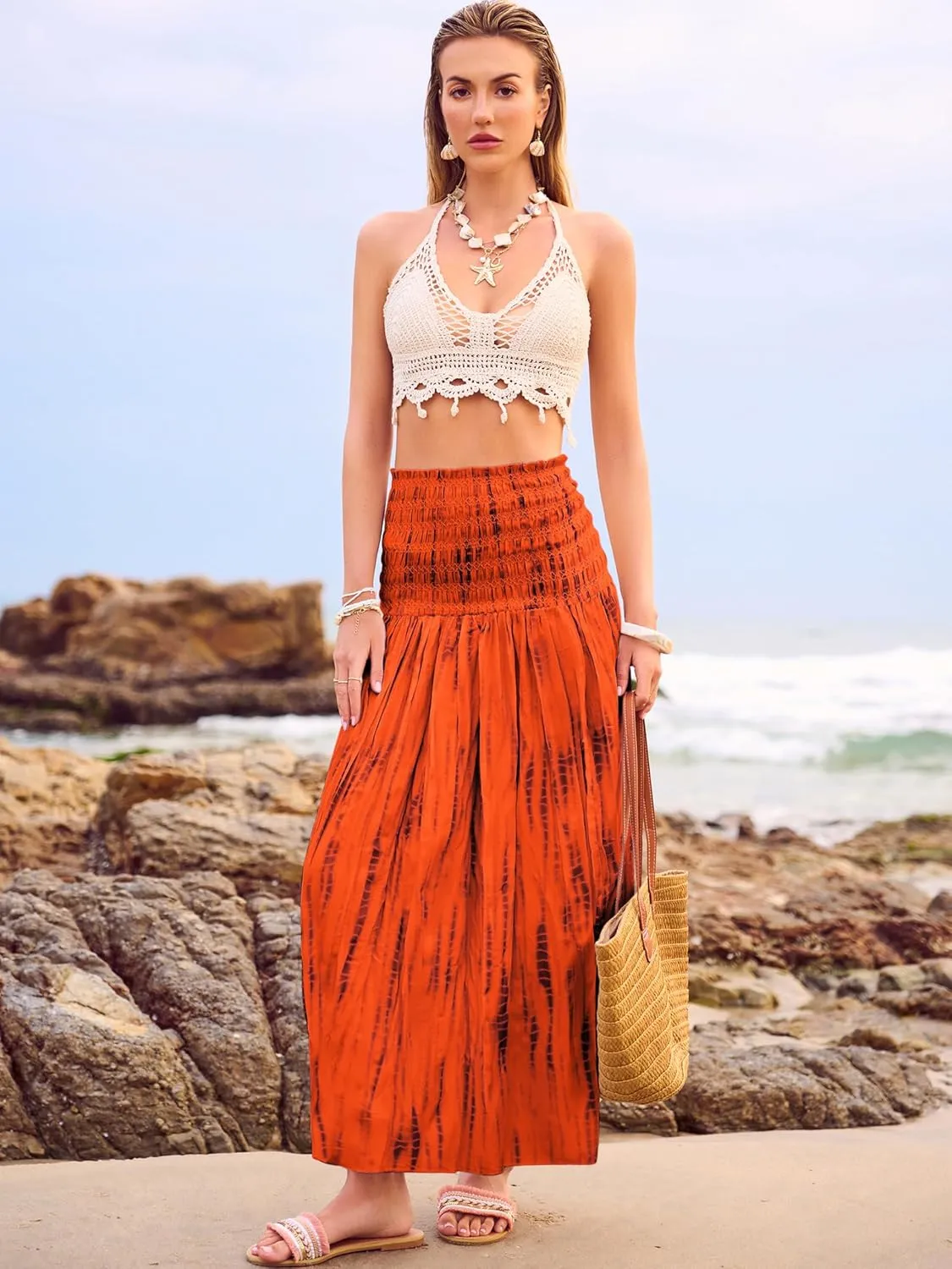 Women's Smocked Floral Maxi Skirts 2025 Summer Tube Dresses Flowy Boho Long A line Pleated Beach Skirt