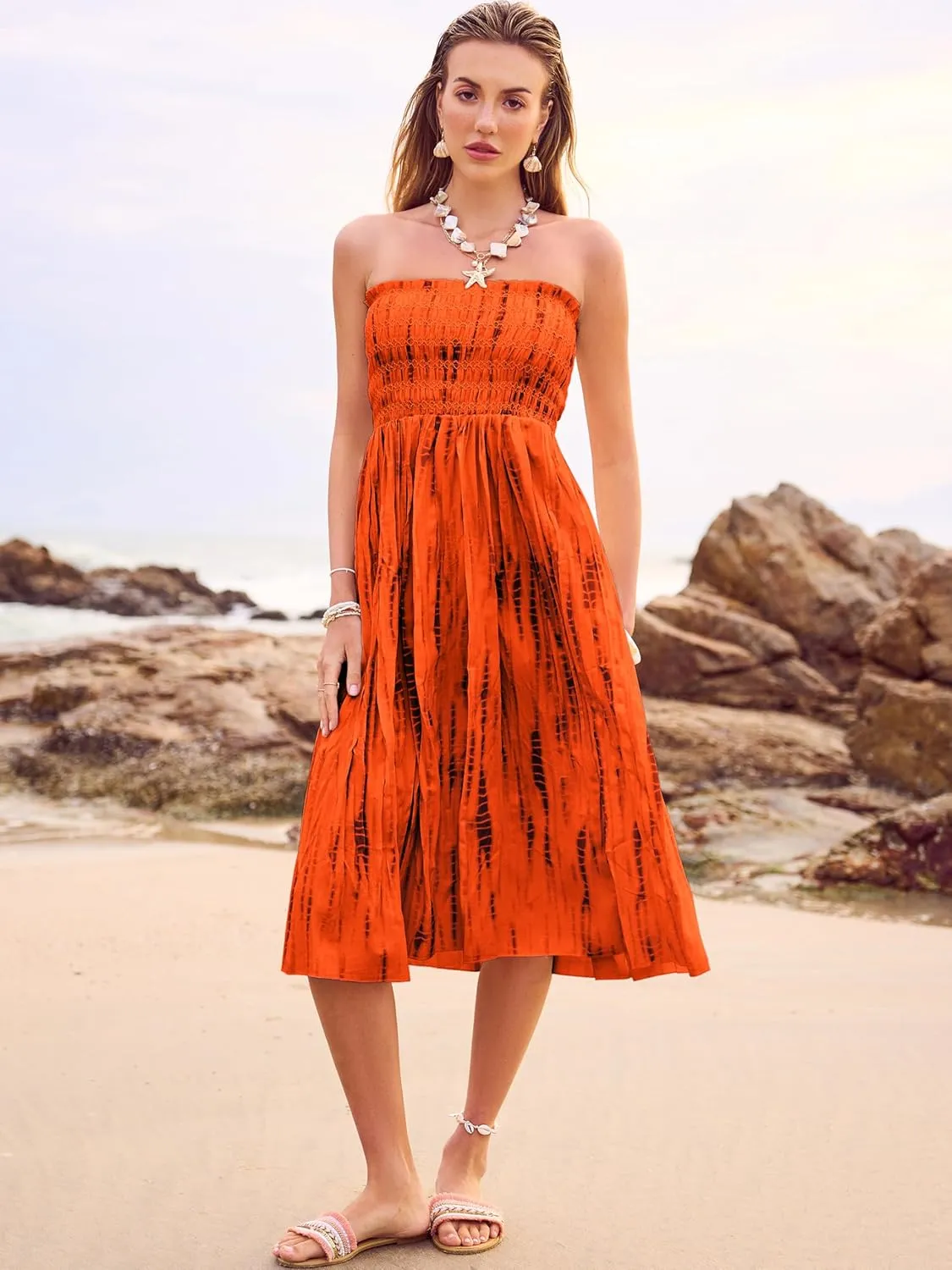 Women's Smocked Floral Maxi Skirts 2025 Summer Tube Dresses Flowy Boho Long A line Pleated Beach Skirt