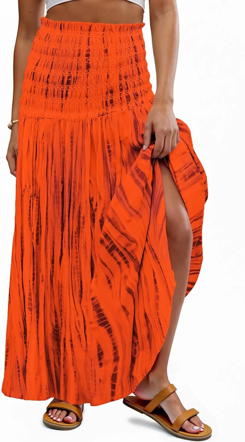 Women's Smocked Floral Maxi Skirts 2025 Summer Tube Dresses Flowy Boho Long A line Pleated Beach Skirt