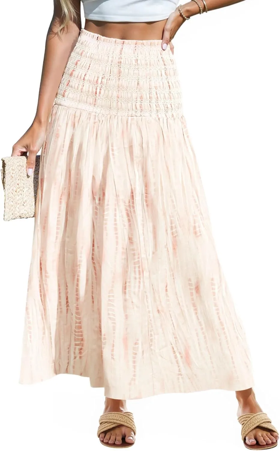 Women's Smocked Floral Maxi Skirts 2025 Summer Tube Dresses Flowy Boho Long A line Pleated Beach Skirt
