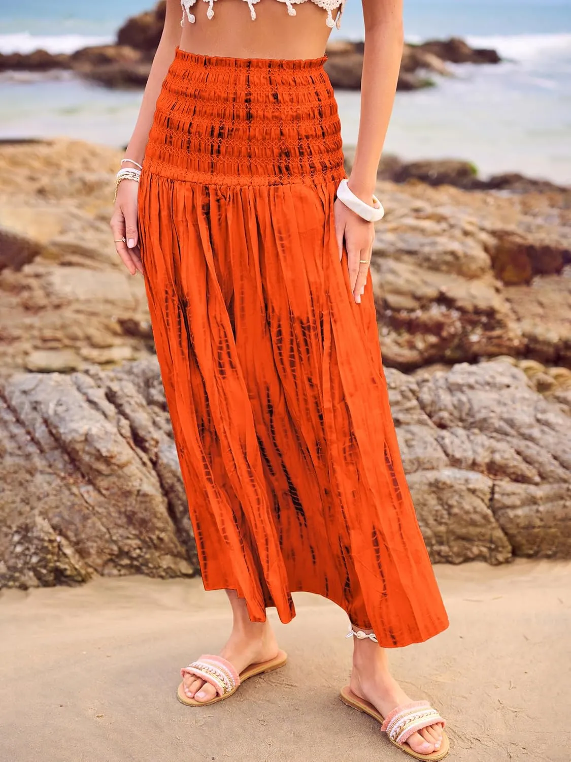 Women's Smocked Floral Maxi Skirts 2025 Summer Tube Dresses Flowy Boho Long A line Pleated Beach Skirt
