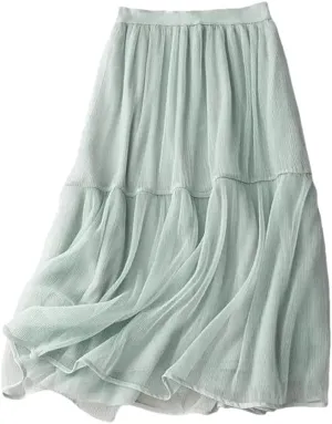 Women's Solid Color Pleated Skirt Female Midi Long Casual All-Match A-Line Skirts