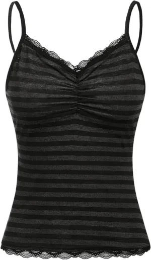 Women's Spaghetti Strap Lace Trim Camisole Tops Ruched Bust Striped Cami Shirt Slim Fit Y2K Tops