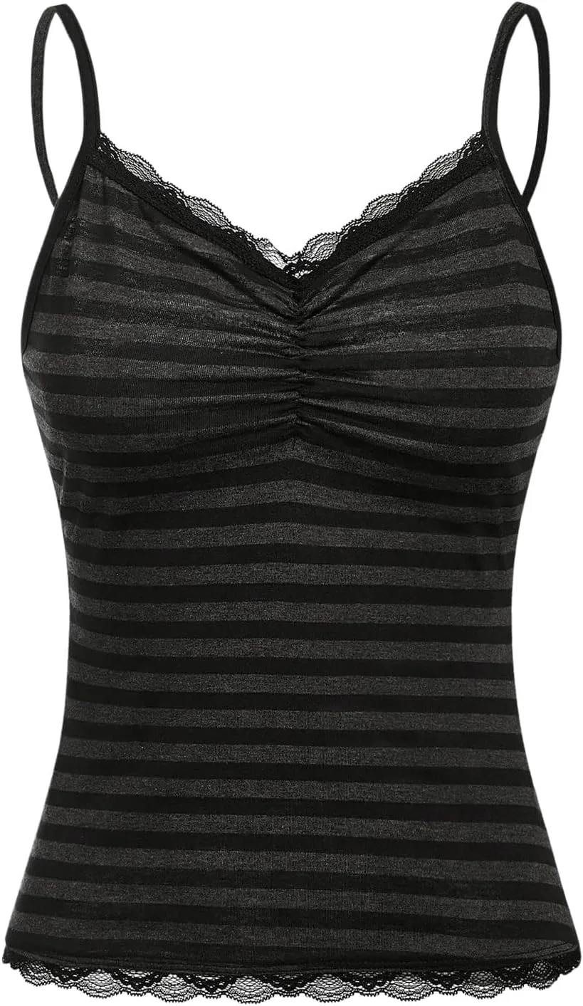 Women's Spaghetti Strap Lace Trim Camisole Tops Ruched Bust Striped Cami Shirt Slim Fit Y2K Tops