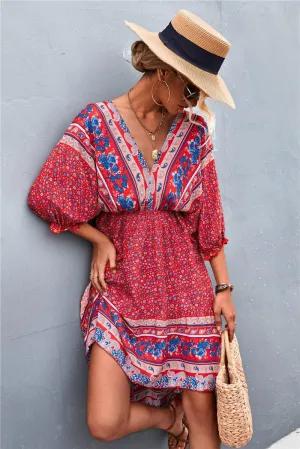 Womens Summer Boho Floral Mini Dresses Casual V-Neck Ruffle Short Sleeves Sexy Backless Bohemian Dress 2022 Red