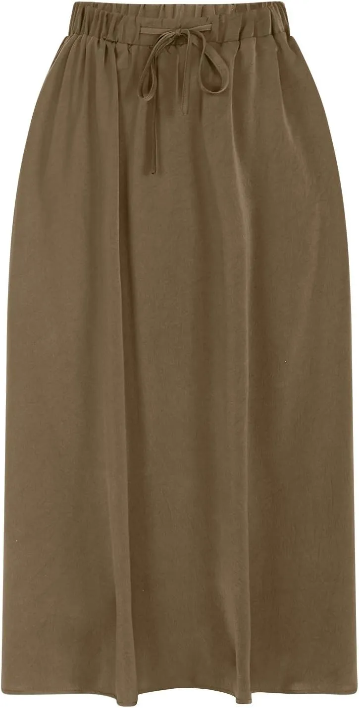 Womens Summer Skirts Casual Flowy Swing Pleated A-Line Drawstring High Waisted Long Midi Skirt Holiday Beach Outfits