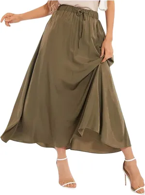 Womens Summer Skirts Casual Flowy Swing Pleated A-Line Drawstring High Waisted Long Midi Skirt Holiday Beach Outfits