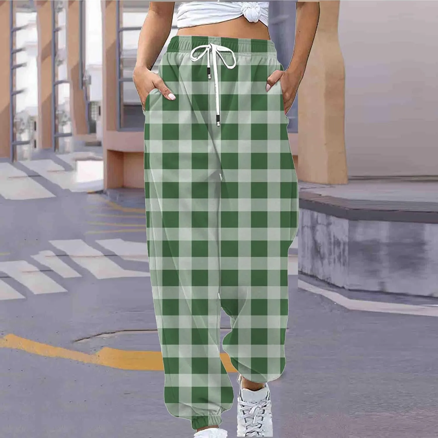 Womens Sweatpants Trendy Plaid Drawstring High Waist Active Workout Trousers Baggy Casaul Joggers Pants with Pockets