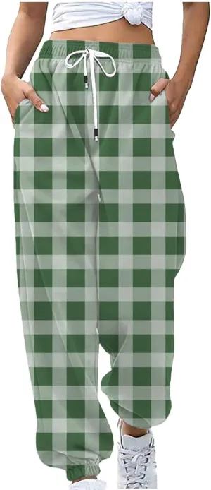 Womens Sweatpants Trendy Plaid Drawstring High Waist Active Workout Trousers Baggy Casaul Joggers Pants with Pockets