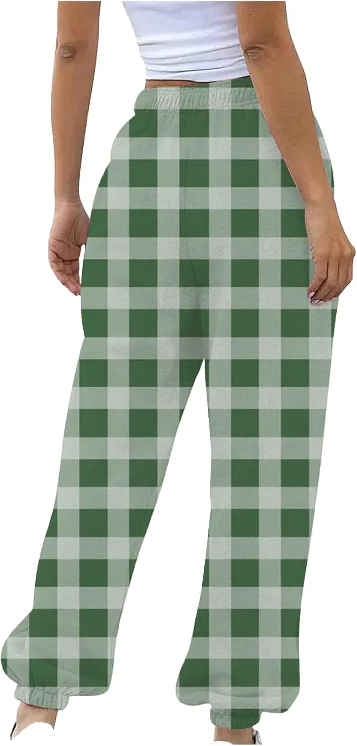 Womens Sweatpants Trendy Plaid Drawstring High Waist Active Workout Trousers Baggy Casaul Joggers Pants with Pockets