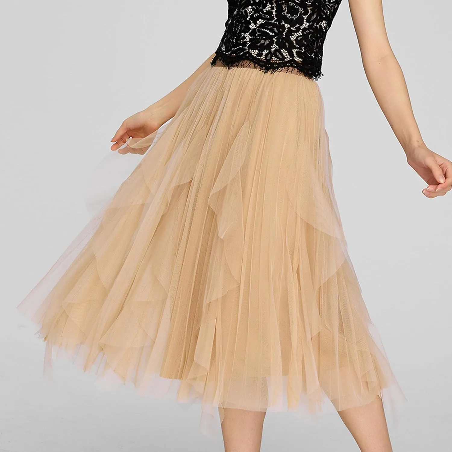 Women's Tulle Skirt High Low Asymmetrical A-Line Fairy Elastic High Waist Mesh Layered Pleated Long Midi Skirts