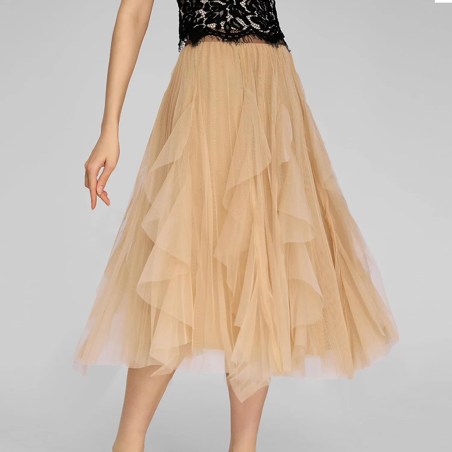 Women's Tulle Skirt High Low Asymmetrical A-Line Fairy Elastic High Waist Mesh Layered Pleated Long Midi Skirts