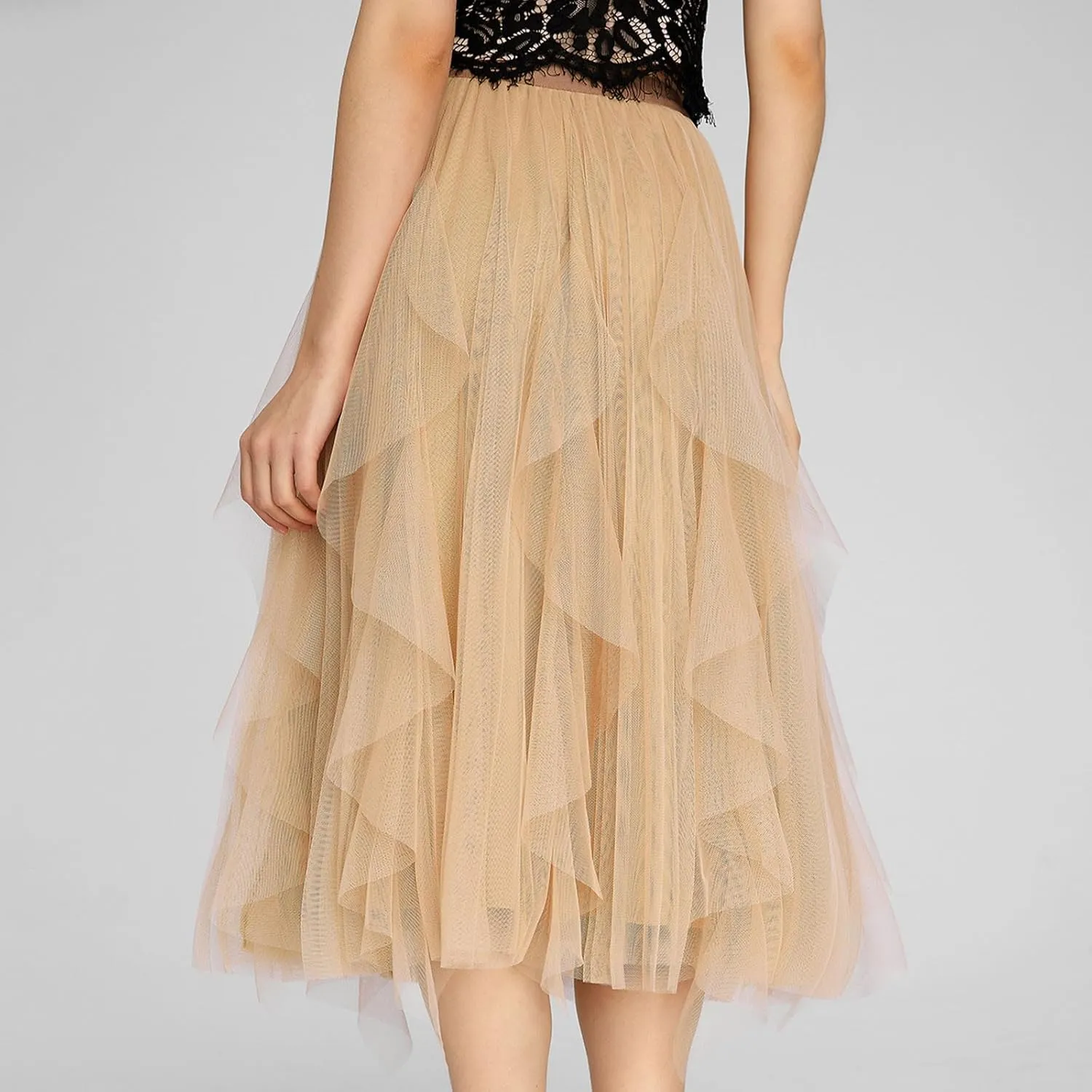Women's Tulle Skirt High Low Asymmetrical A-Line Fairy Elastic High Waist Mesh Layered Pleated Long Midi Skirts