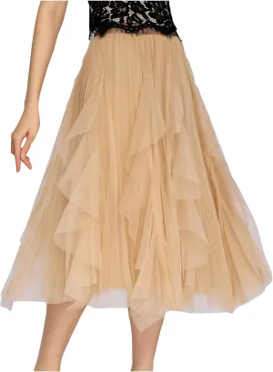 Women's Tulle Skirt High Low Asymmetrical A-Line Fairy Elastic High Waist Mesh Layered Pleated Long Midi Skirts