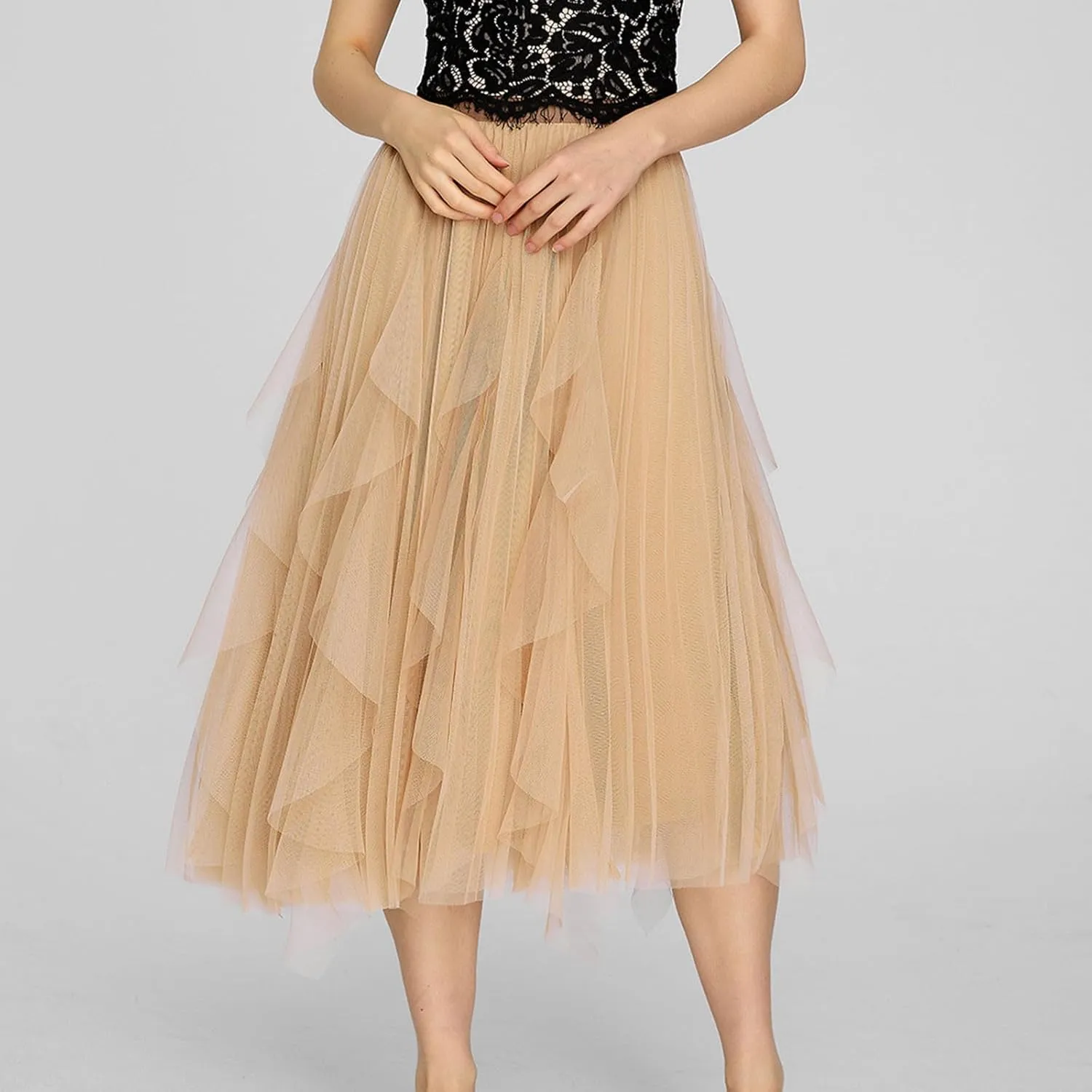 Women's Tulle Skirt High Low Asymmetrical A-Line Fairy Elastic High Waist Mesh Layered Pleated Long Midi Skirts