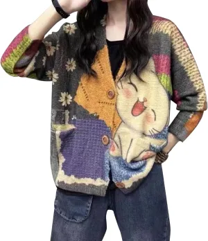 Womens V Neck Oversized Cat Print Cardigan, Boho Patchwork Knit Sweater Long Sleeve Button Front with Pockets