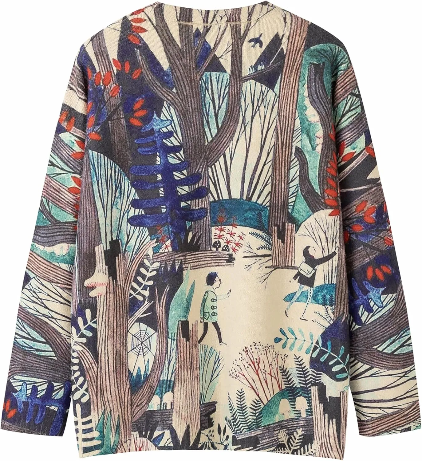 Womens V Neck Oversized Cat Print Cardigan, Boho Patchwork Knit Sweater Long Sleeve Button Front with Pockets