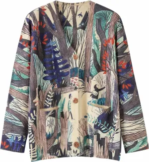 Womens V Neck Oversized Cat Print Cardigan, Boho Patchwork Knit Sweater Long Sleeve Button Front with Pockets