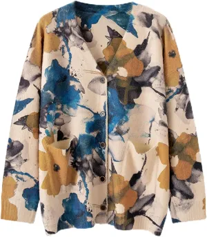 Womens V Neck Oversized Cat Print Cardigan, Boho Patchwork Knit Sweater Long Sleeve Button Front with Pockets