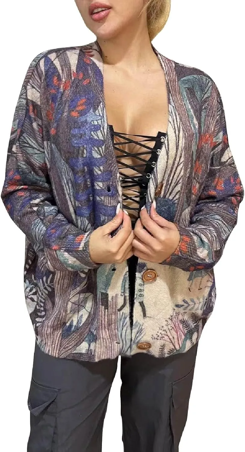 Womens V Neck Oversized Cat Print Cardigan, Boho Patchwork Knit Sweater Long Sleeve Button Front with Pockets
