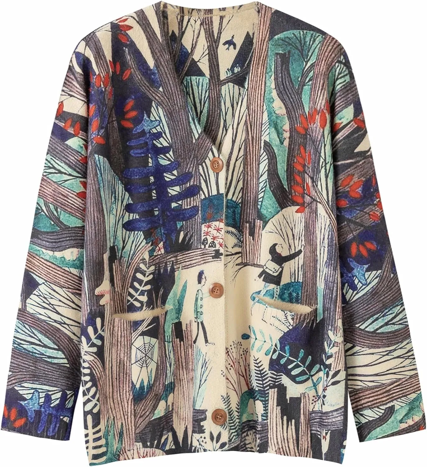 Womens V Neck Oversized Cat Print Cardigan, Boho Patchwork Knit Sweater Long Sleeve Button Front with Pockets