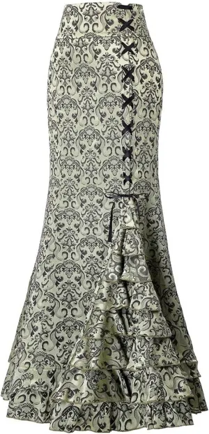 Women's Victorian Vintage Maxi Skirt Side Lace-Up High Waist Ruffle Fishtail Mermaid Skirts Steampunk Gothic Skirt