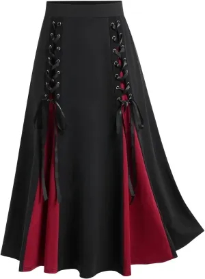 Women's Vintage Gothic Court Lace Up Patchwork Skirt Steampunk Medieval Renaissance Victorian A-Line Pirate Skirts