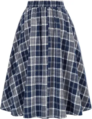 Womens Vintage High Waist Elastic Button Maxi Skirt Casual A-line Plaid Ruffle Versatile Pleated Flare Midi Skirts Blue