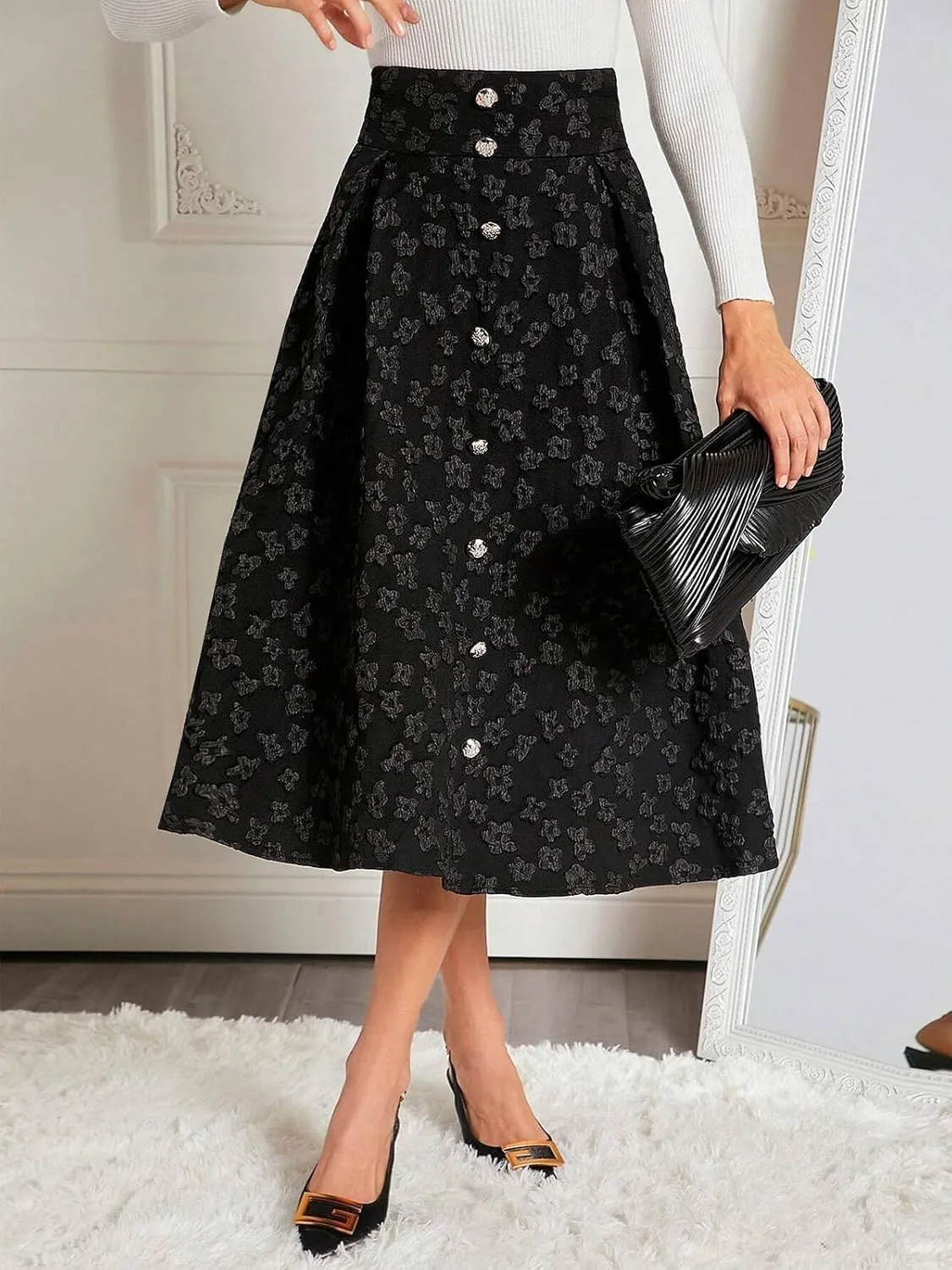 Women's Vintage High Waist Midi Skirt A Line Ruffle Skirt Embroidery Floral Flowy Long Skirt